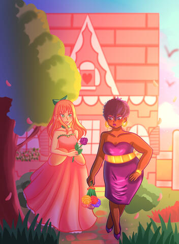 Paige (robe rose) et sa petite amie Rai (robe violette)